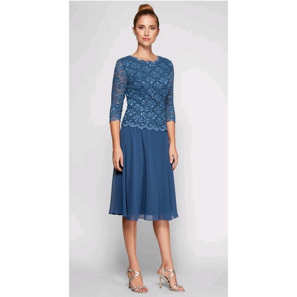 ALEX EVENINGS Womens Tea- Length Dress With Sequin Lace Bodice Chiffon Skirt 8P